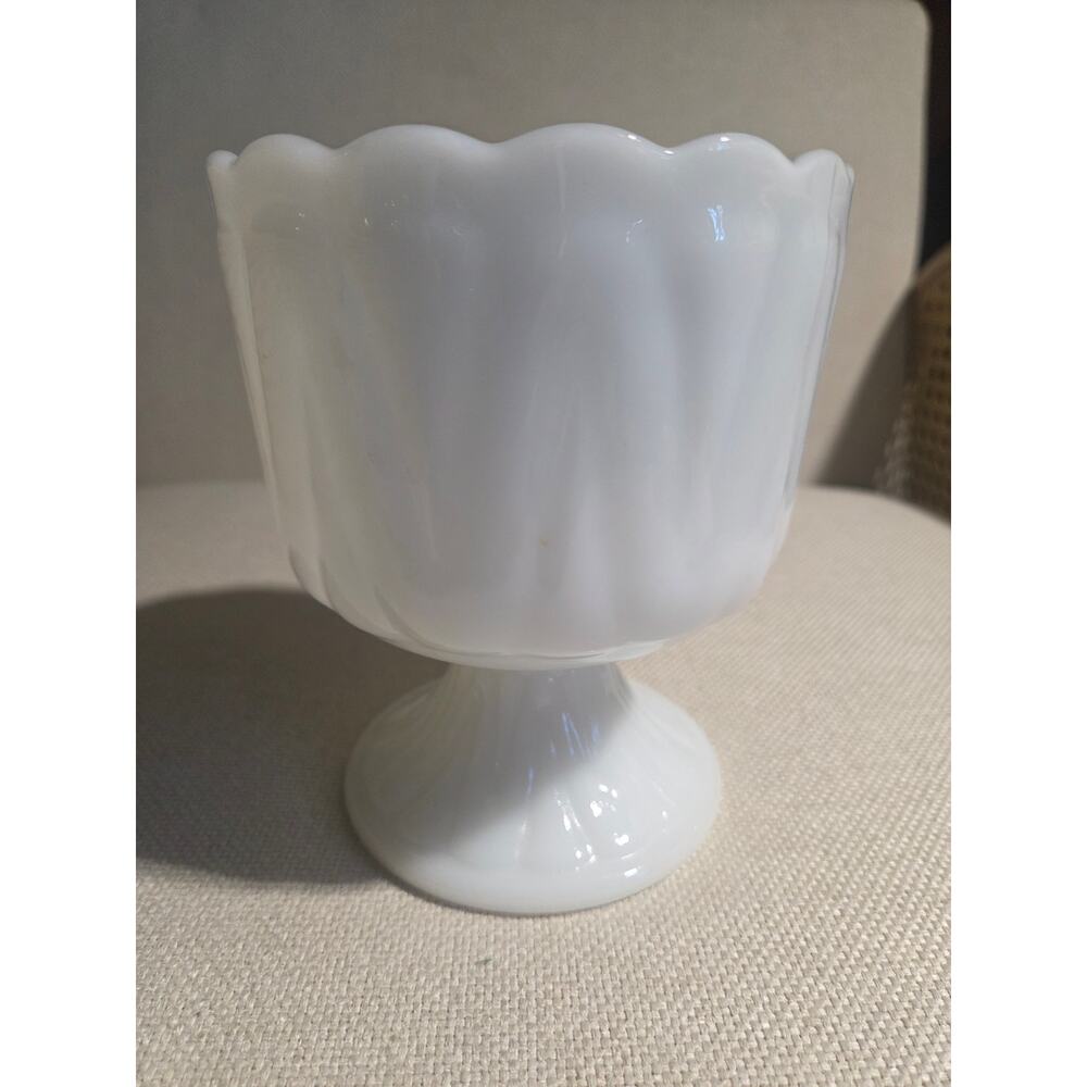 Vintage Milk Glass Pedestal Planter Bowl Scalloped Ribbed E.O. Brody Style 4.5"